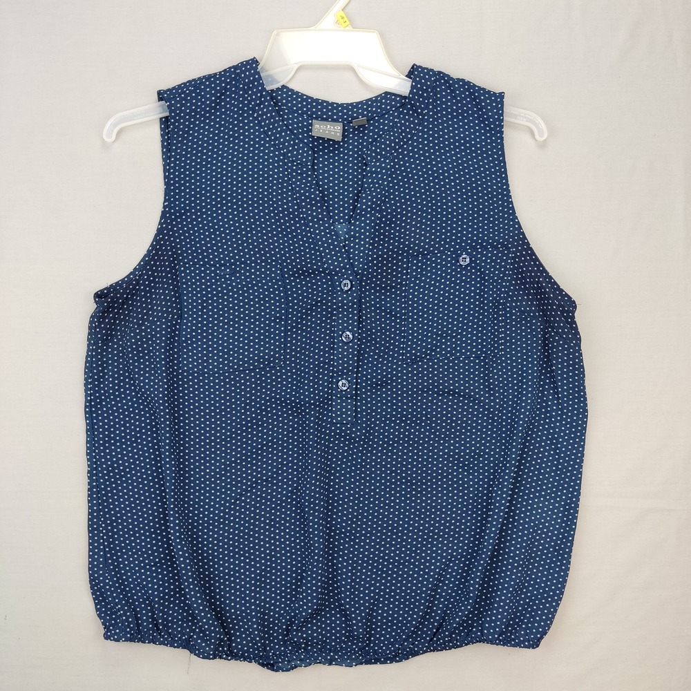 Soho Jeans Blouse Womens XL Blue Polka Dot Sleeveless V-Neck Elastic Hem Top